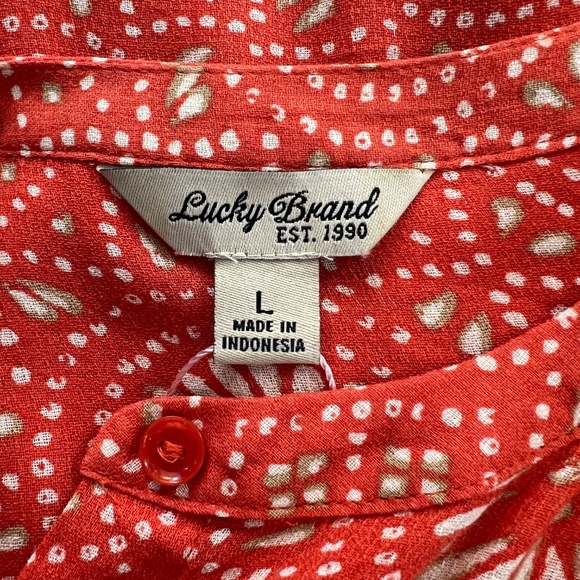 🧡 EUC LUCKY BRAND Orange Batik Dot Button-Down Blouse | Sz L - Picture 5 of 8